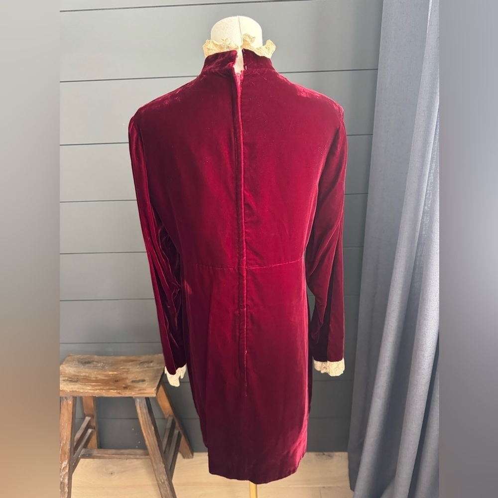 Vintage Red Velvet Like 1960’s Zippered Dress with Cream Lace, Christmas - Picture 10 of 16